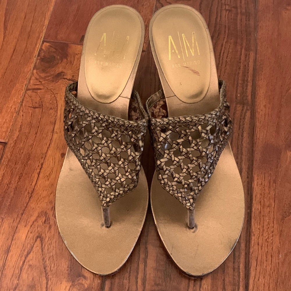 ANN MARINO Sandals 8 Kitten Heel Bronze Leather Braided BOHO slides Preppy Y2K